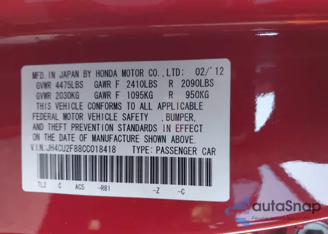 2012 Acura Tsx 2.4 из США, поврежденный, VIN JH4CU2F88CC018418